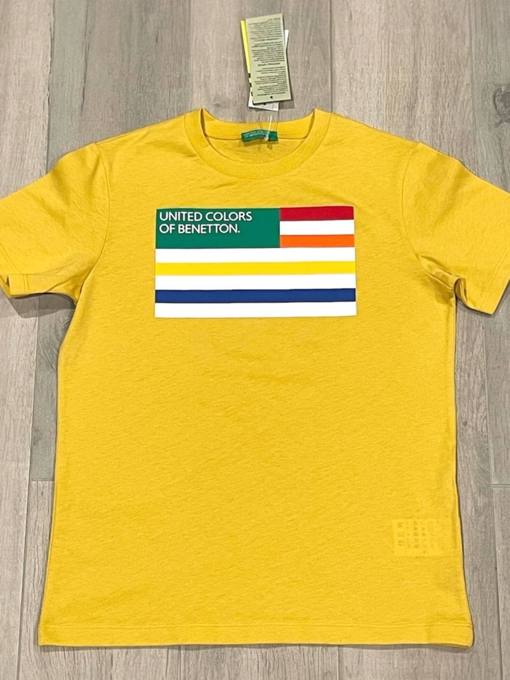 Benetton Kids T Shirt Size L 8-9 Years Yellow Graphic Logo Organic Cotton NWT